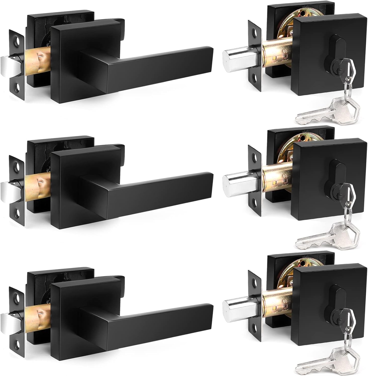 Probrico Flat Black Passage Door Lever and Deadbolts Combo Pack