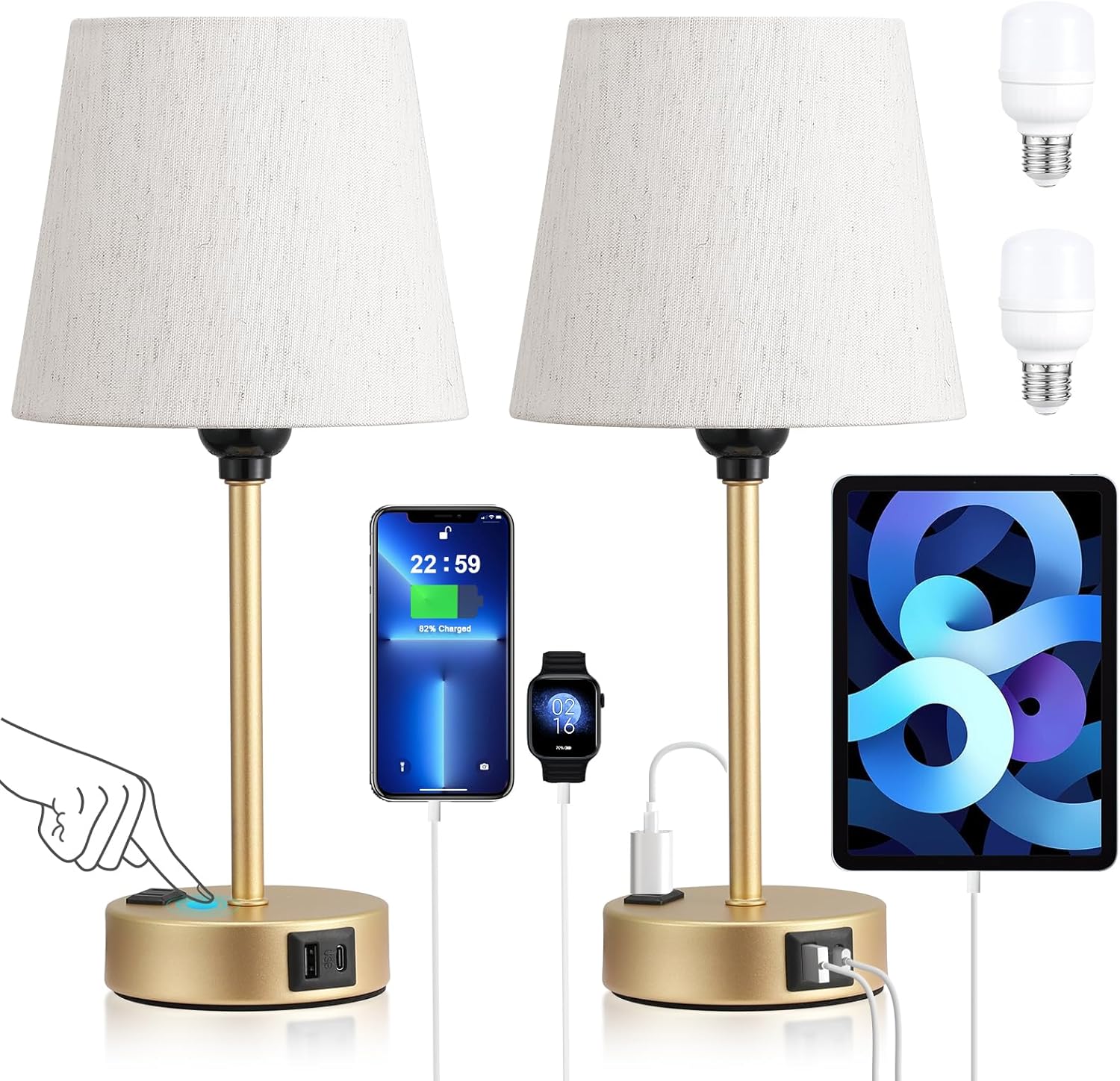 Lamp for Bedrooms Set of 2 with USB C Port and Dimmable Control