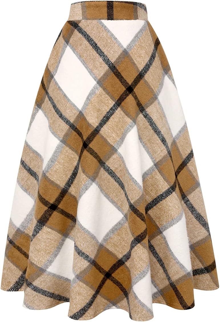 Womens Plaid Wool Skirts A-Line Pleated Tartan Long Skirts