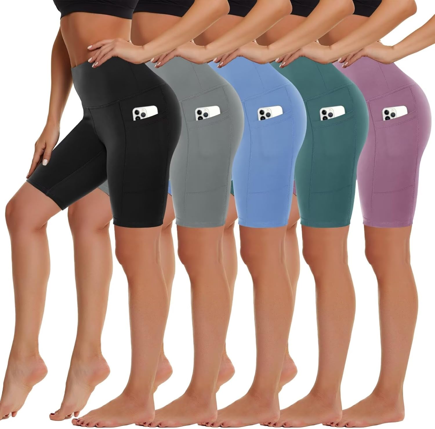 5 Pack Biker Shorts with Pockets for Women - High Waist Comfort