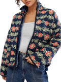 Cropped Quilted Jacket Floral Printed Lightweight Puffer Cardigan