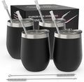 Stainless Steel Wine Tumblers 4 Pack 12 oz - Insulated, Lid & Straw