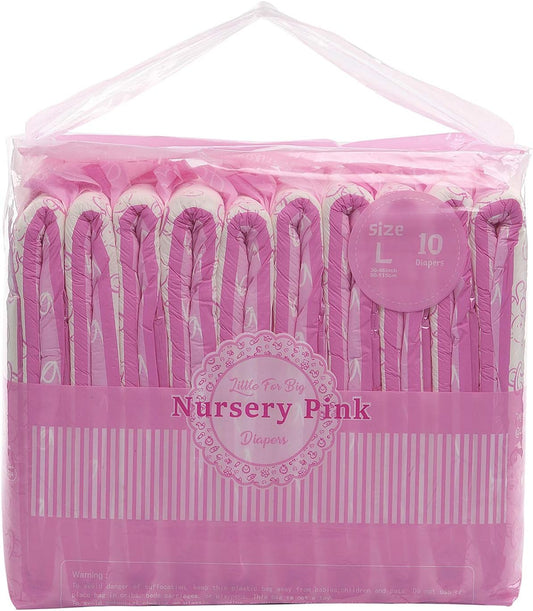 Littleforbig Adult Printed Diaper 10 Pieces - Nursery Pink (Large 36-46) - Comfort & Style