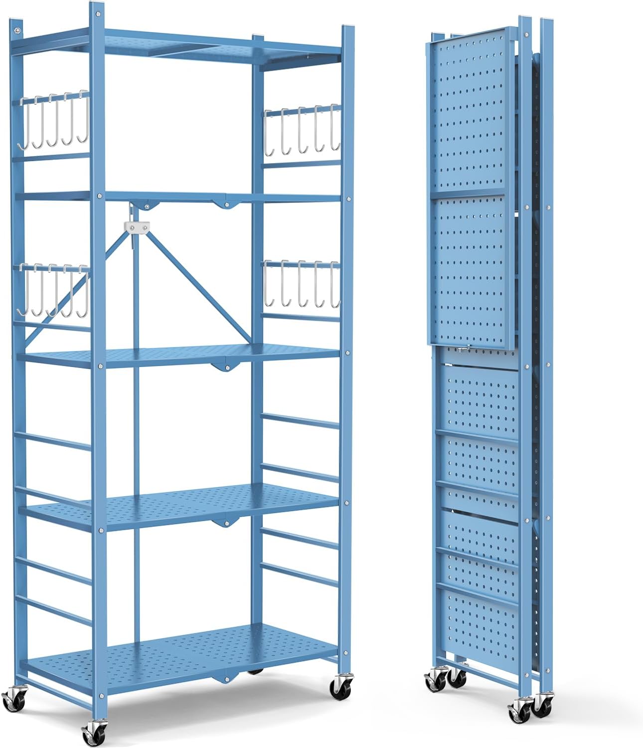 5-Tier Foldable Storage Shelves with 20 Hooks and Wheels