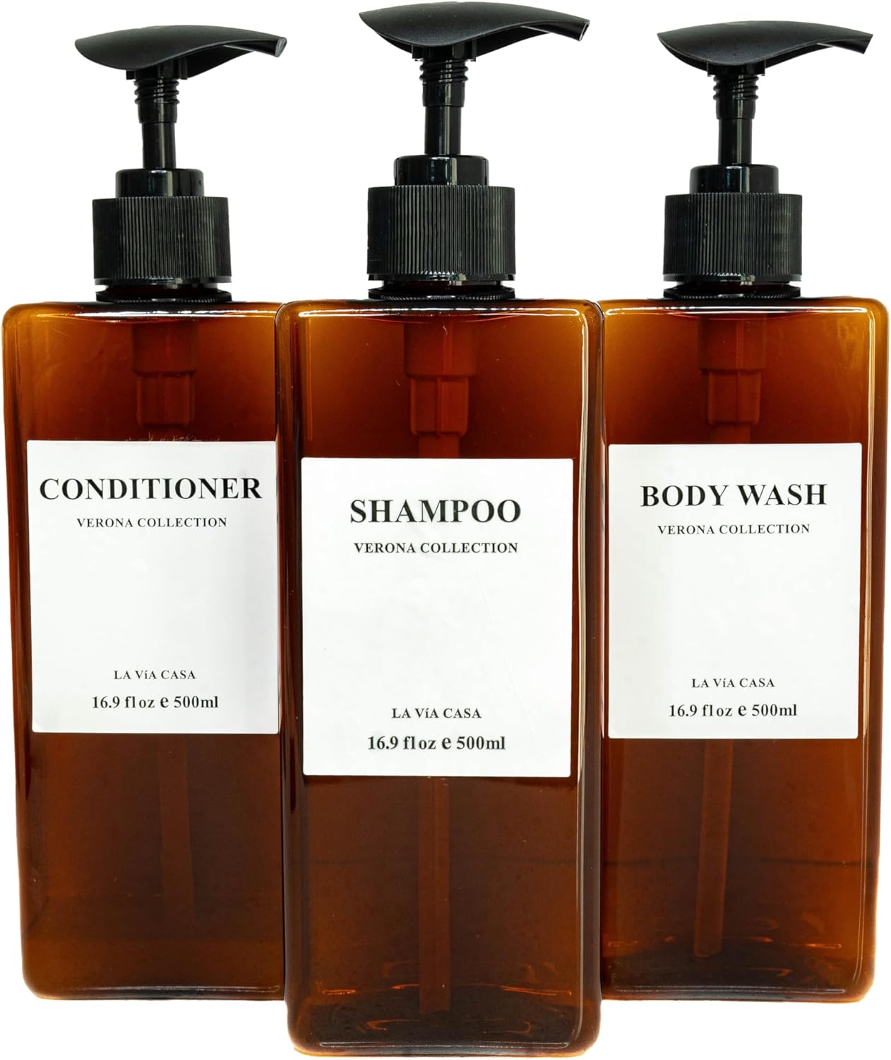 Refillable Amber Shower Dispenser Set | Waterproof Labels | La Via Casa