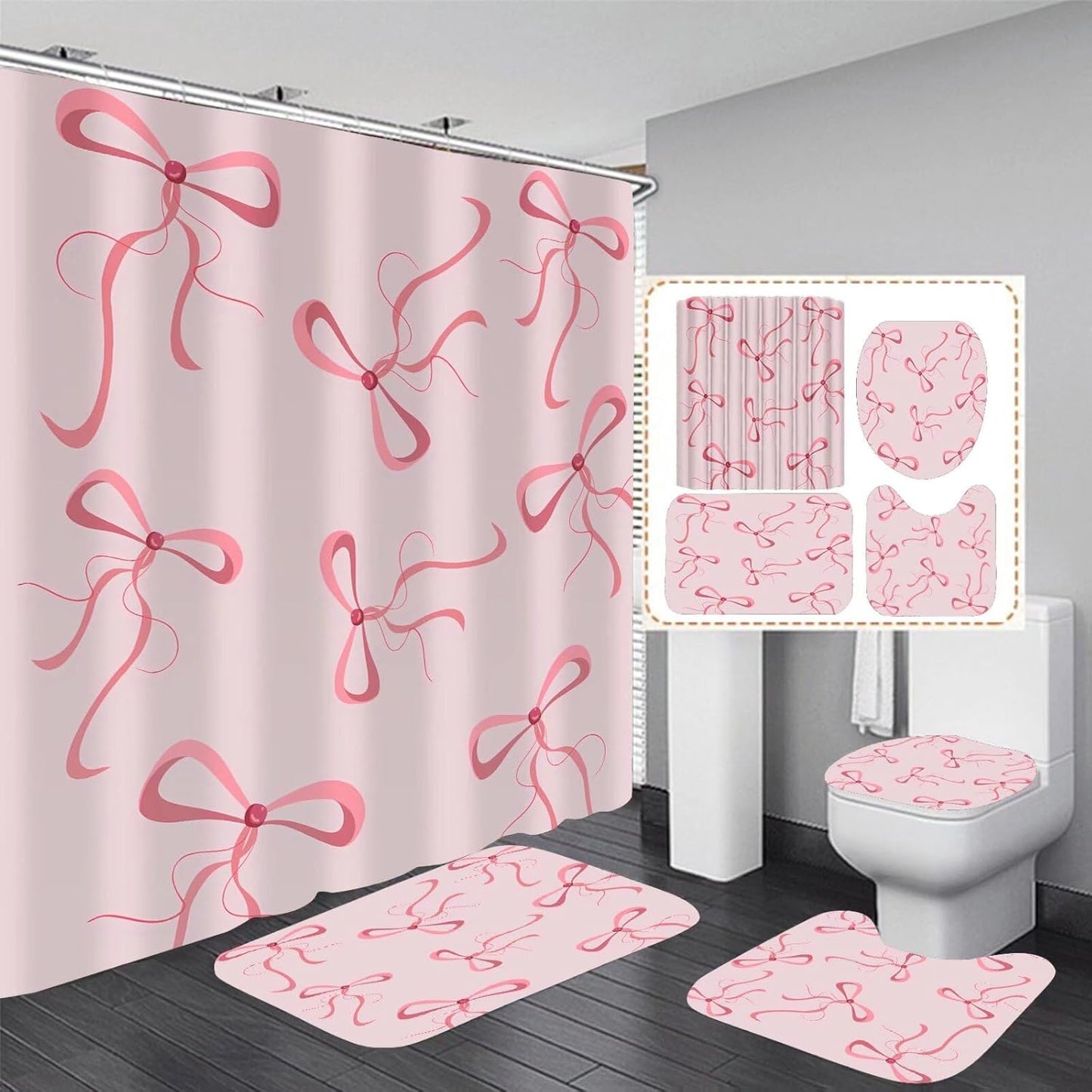 Chic Pink Bow Shower Set - 4Pcs with Accessories