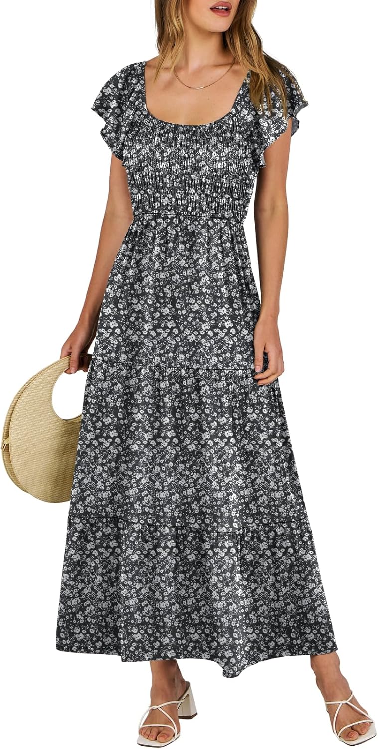 Womens Casual Summer Maxi Dress with Flutter Sleeves for Beach