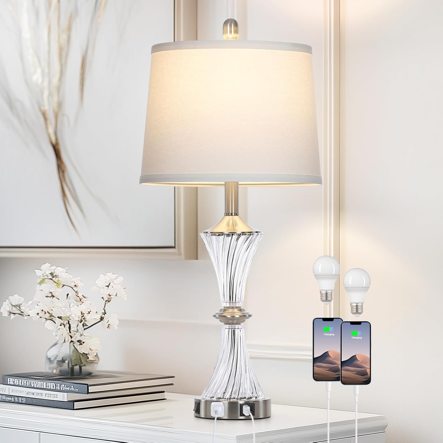 Crystal Glass Table Lamp with USB Ports for Modern Decor