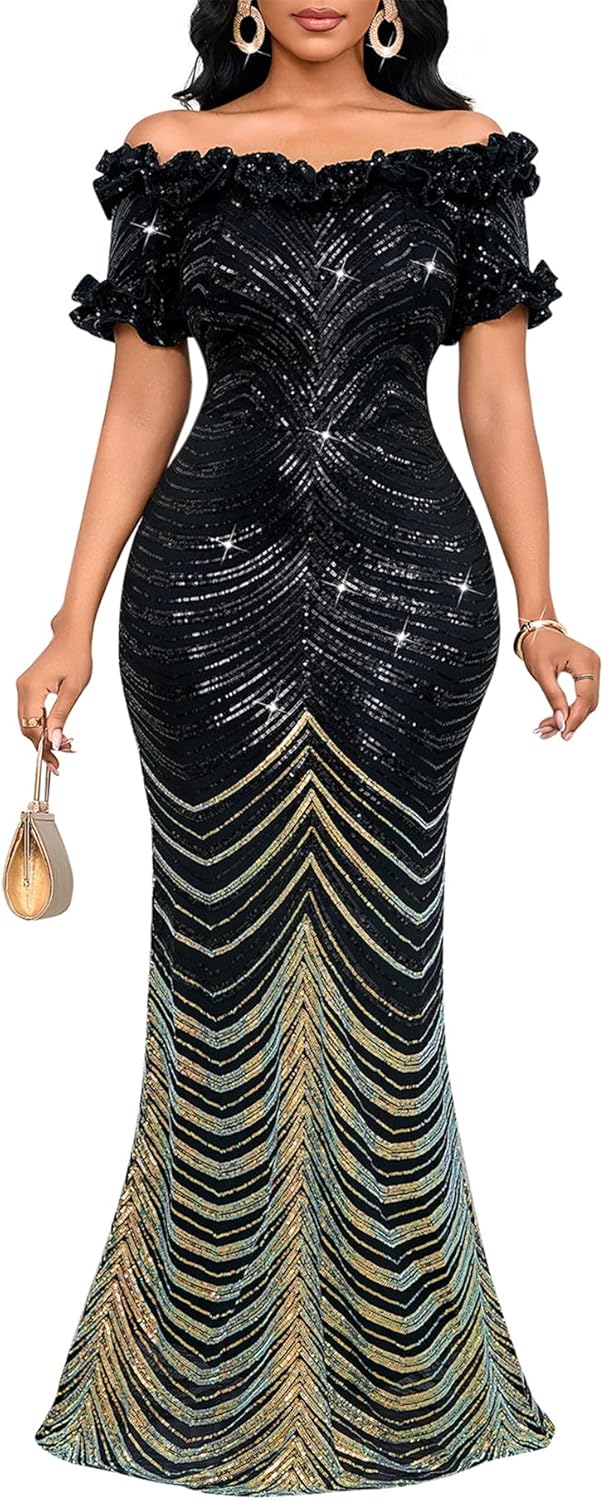 Women Sexy Sequin Off Shoulder Ruffle Bodycon Mermaid Dress