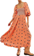 Women Floral Embroidered Maxi Dress with Puff Sleeves and Pockets