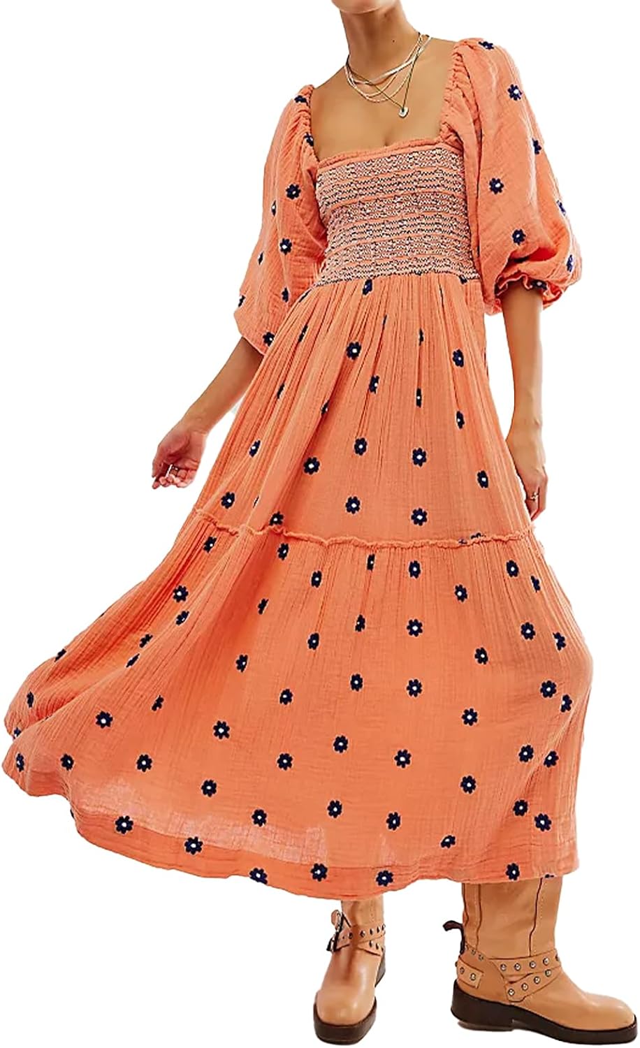 Women Floral Embroidered Maxi Dress with Puff Sleeves and Pockets