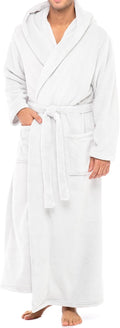 Mens Full-Length Plush Fleece Robe with Hood - Size Large White