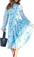 Floral Chiffon Midi Dress Puff Long Sleeve - Romantic, Flowy Fit