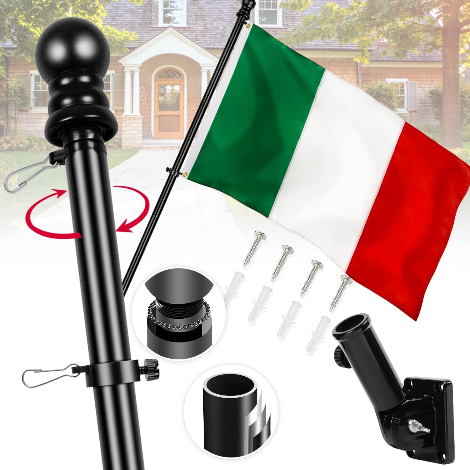 Italy Flag with Spinning Flag Pole and Adjustable Bracket Kit