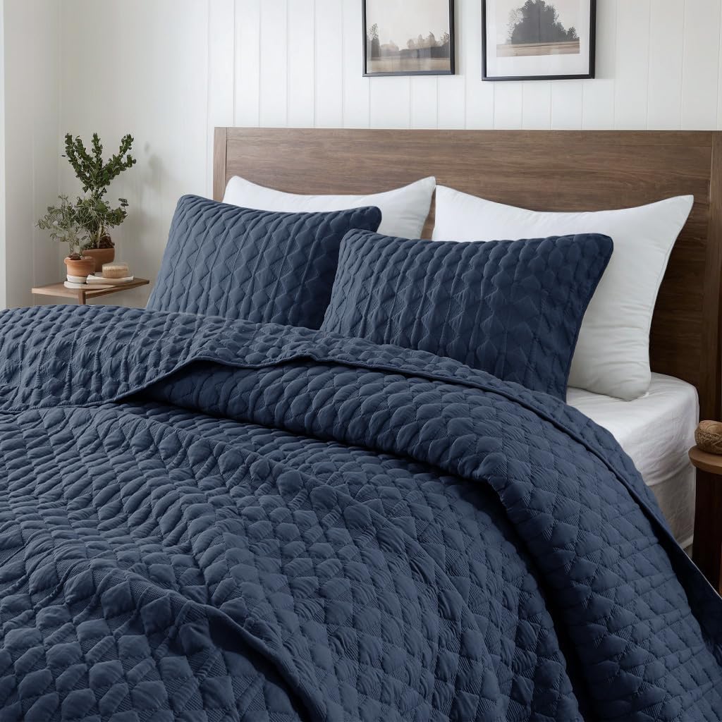WDCOZY Navy Blue Quilt King Size Bedding Set for All Seasons