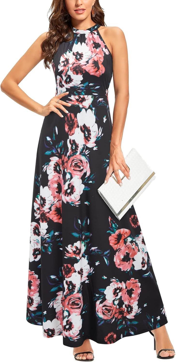 Stylish Floral Halter Neck Maxi Dress for Summer Weddings