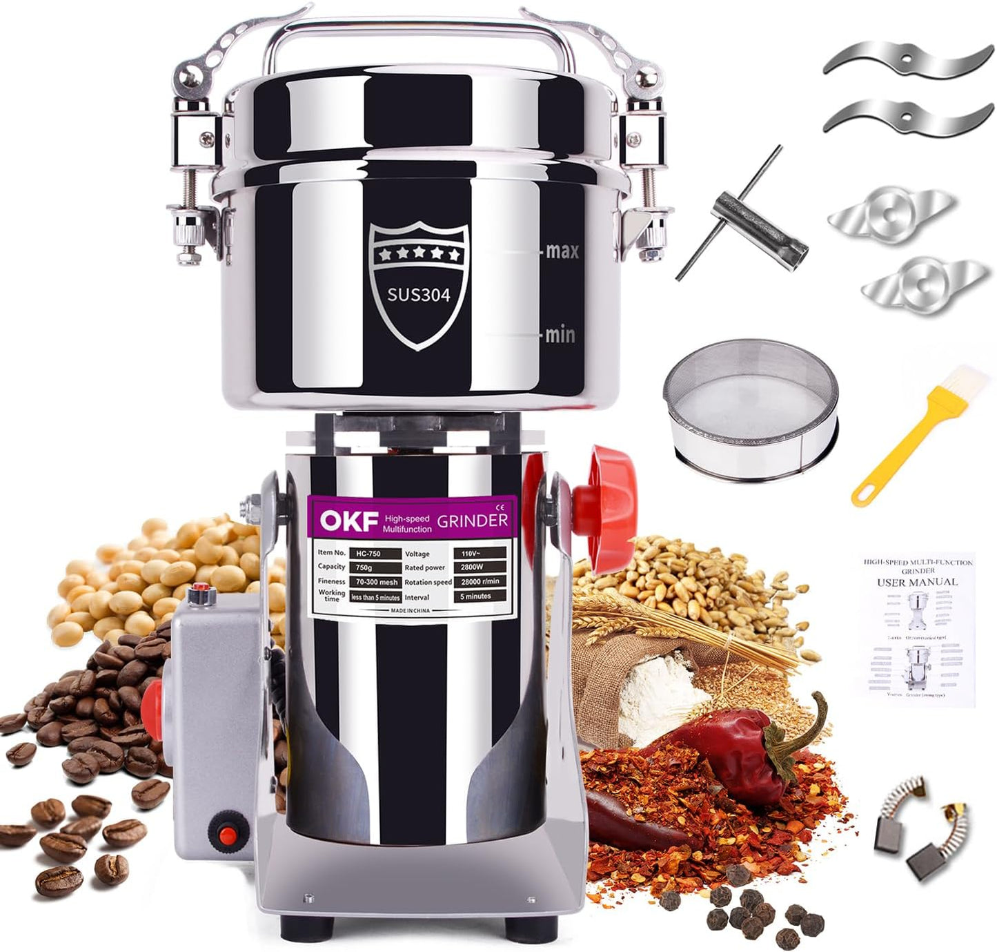 High-Speed 750g Grain Mill for Flour and Spice Grinding