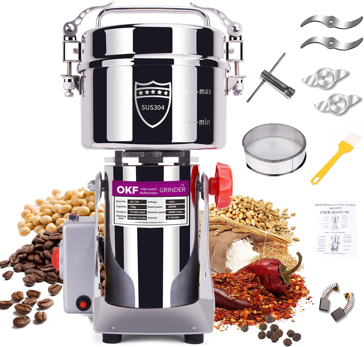 High-Speed 750g Grain Mill for Flour and Spice Grinding
