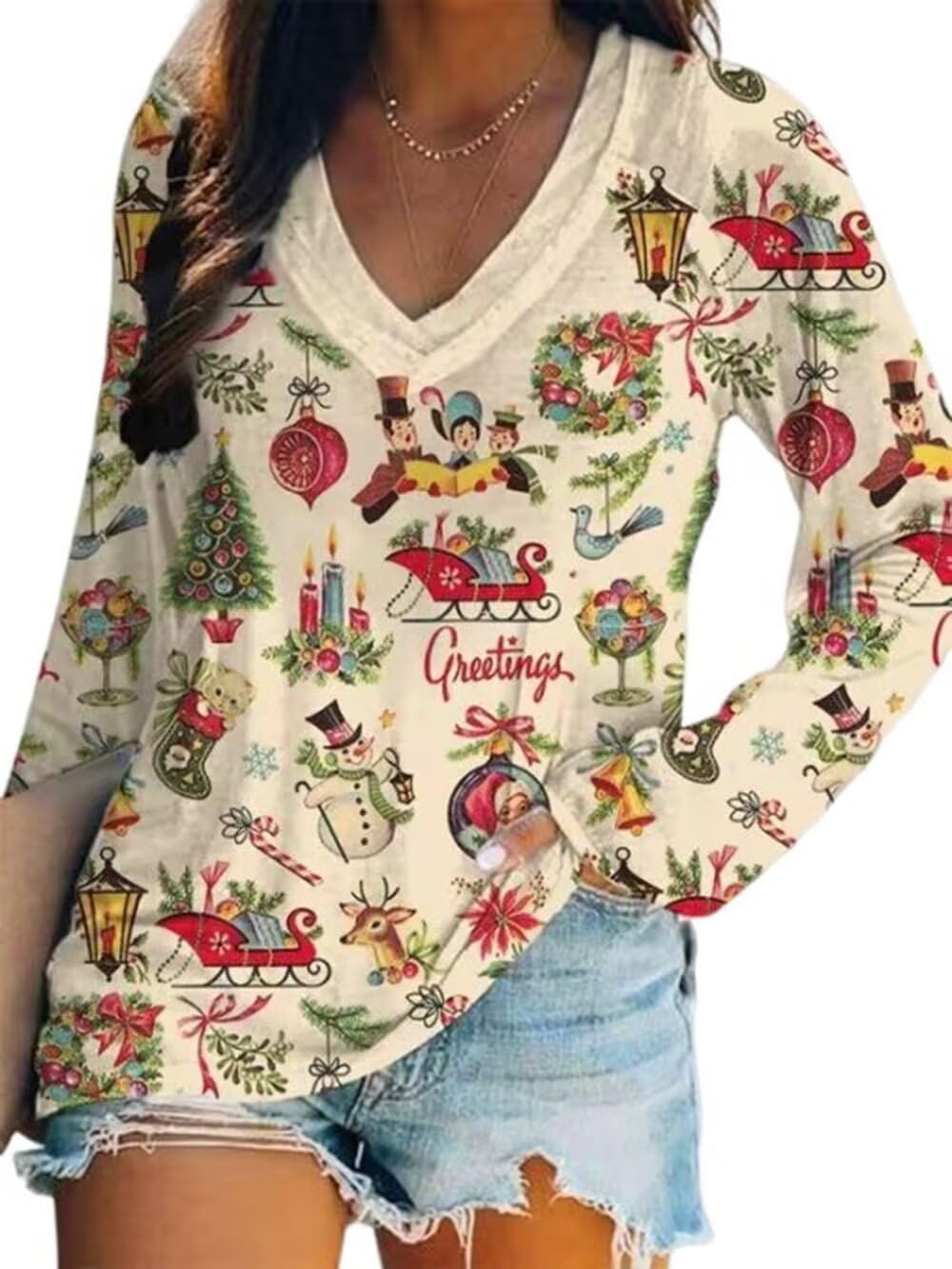 Christmas Snowman Print V-Neck Tee | Festive Women's Shirt