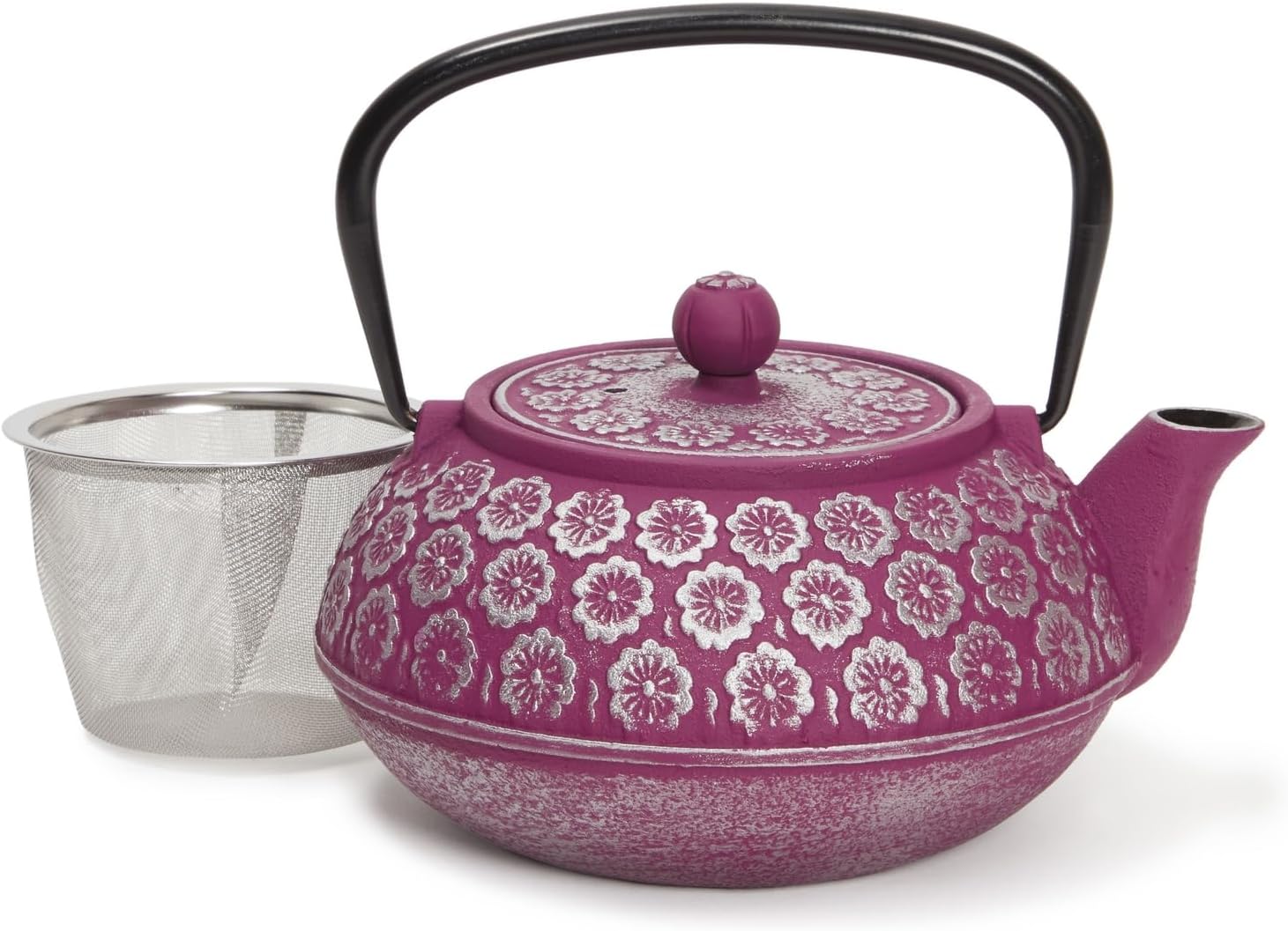 Purple Floral Cast Iron Teapot Kettle with Infuser for Tea Lovers