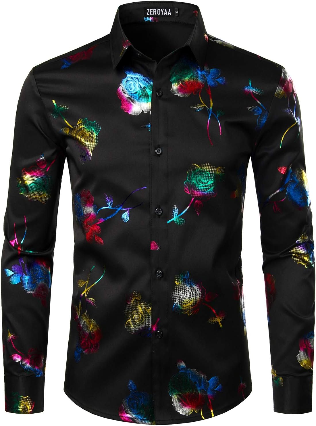 ZEROYAA Mens Hipster 3D Golden Rose Floral Printed Shirt