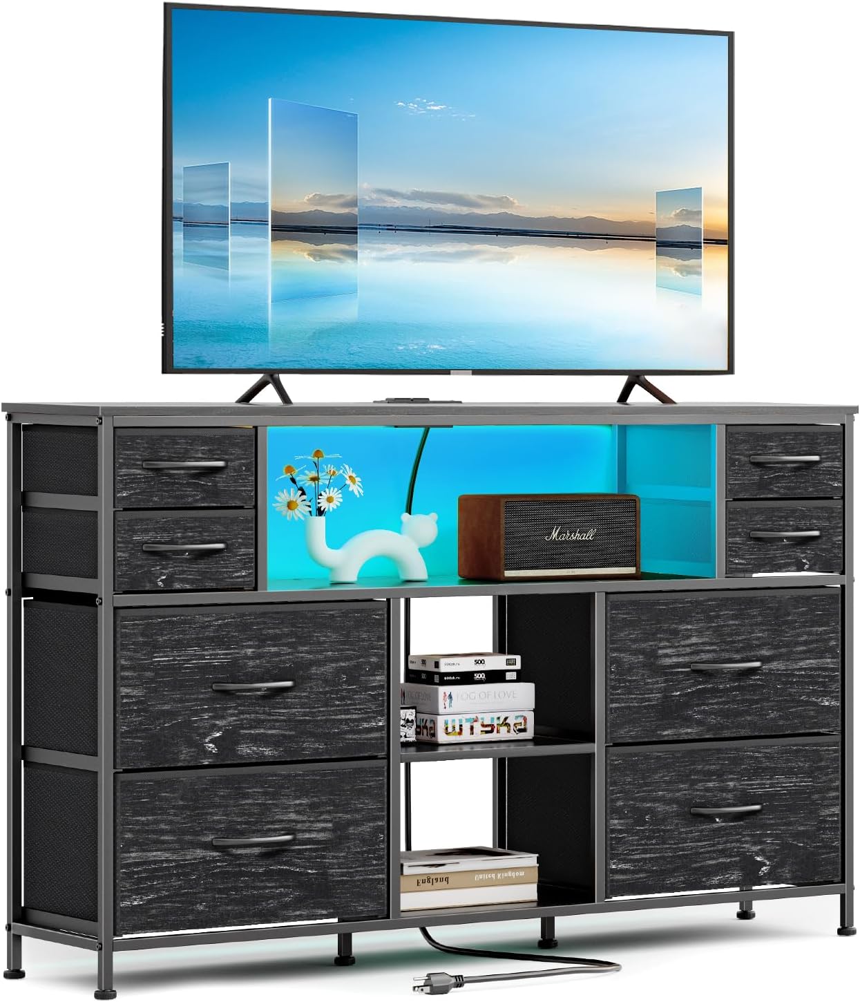 Modern Black TV Stand with LED Lights, Power Outlet - Organize Stylishly