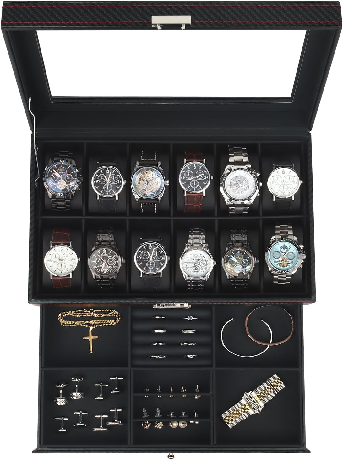 Watch Box Jewelry Organizer with Glass Lid and Lock for Men
