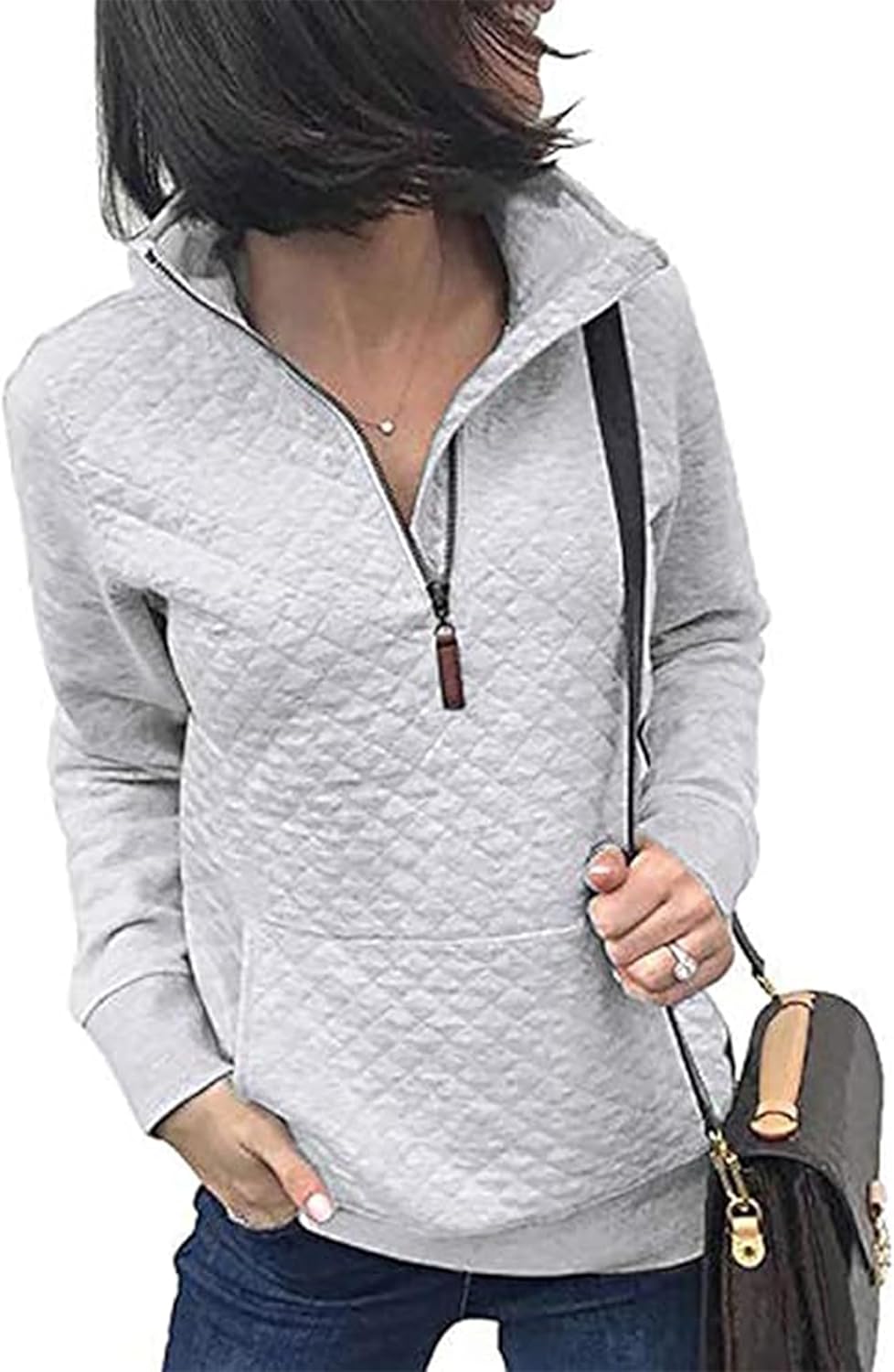 Quilted Pattern Lightweight Zipper Long Sleeve Sweatshirt for Women