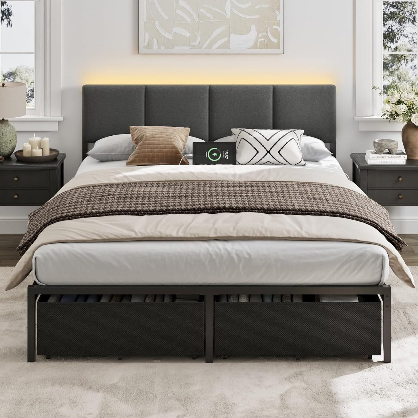 Furnulem Queen Bed Frame with Storage and LED Light Features