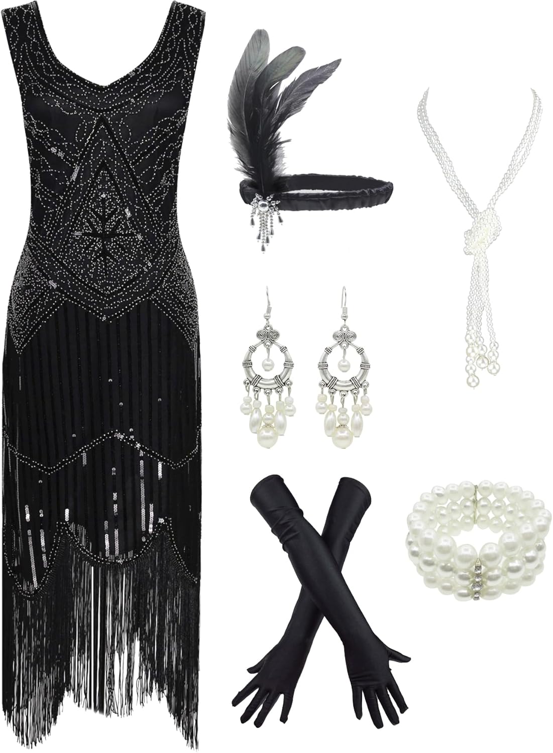 1920s Gatsby Sequin Fringed Flapper Dress with Accessories Set