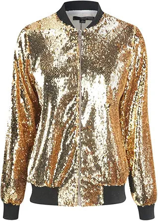 Cresay Women's Sequin Fitted Long Sleeve Zipper Blazer Jacket
