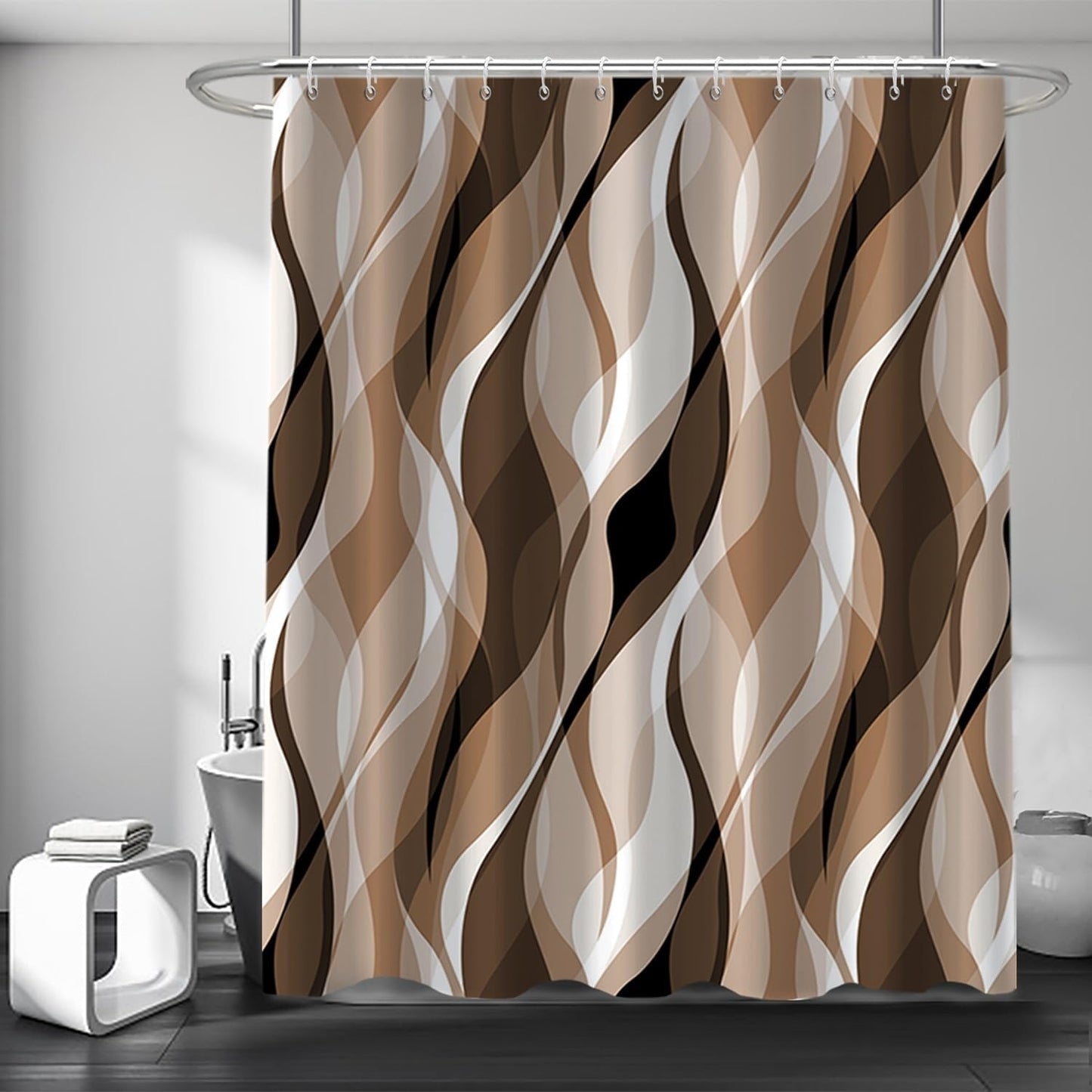Waterproof Modern Brown Striped Shower Curtain Set