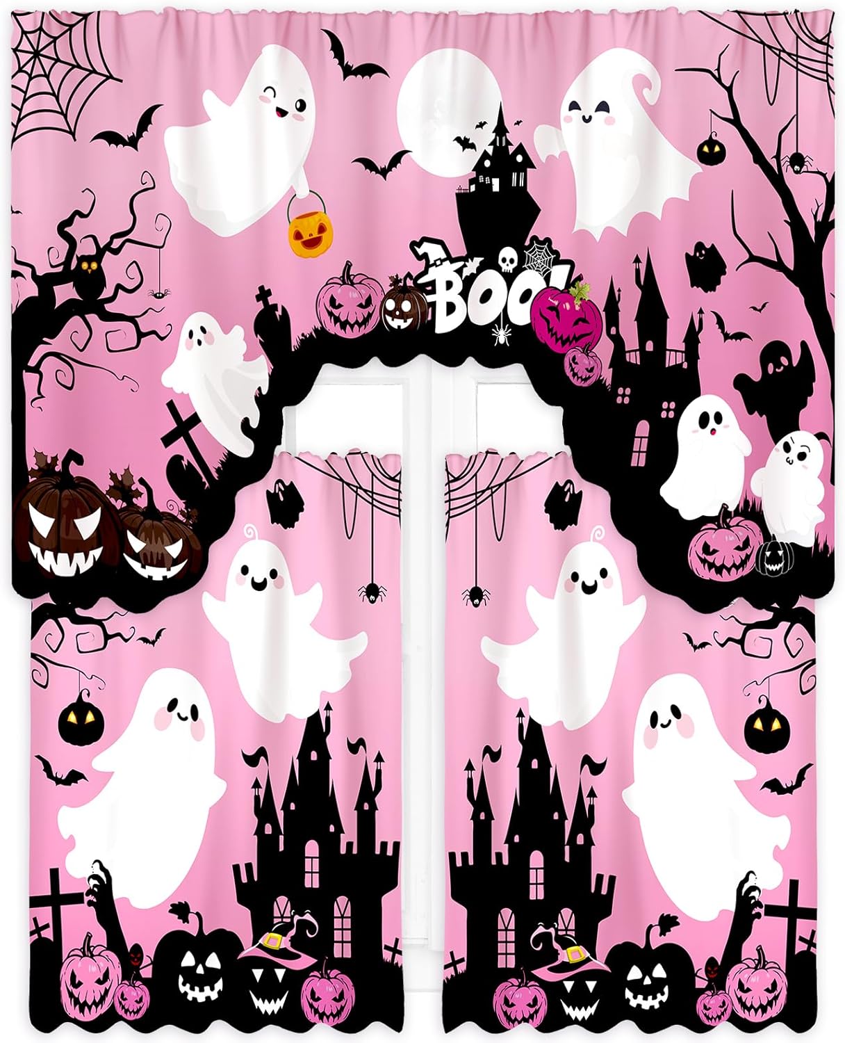 Festive Pink Halloween Kitchen Curtains & Valances Set