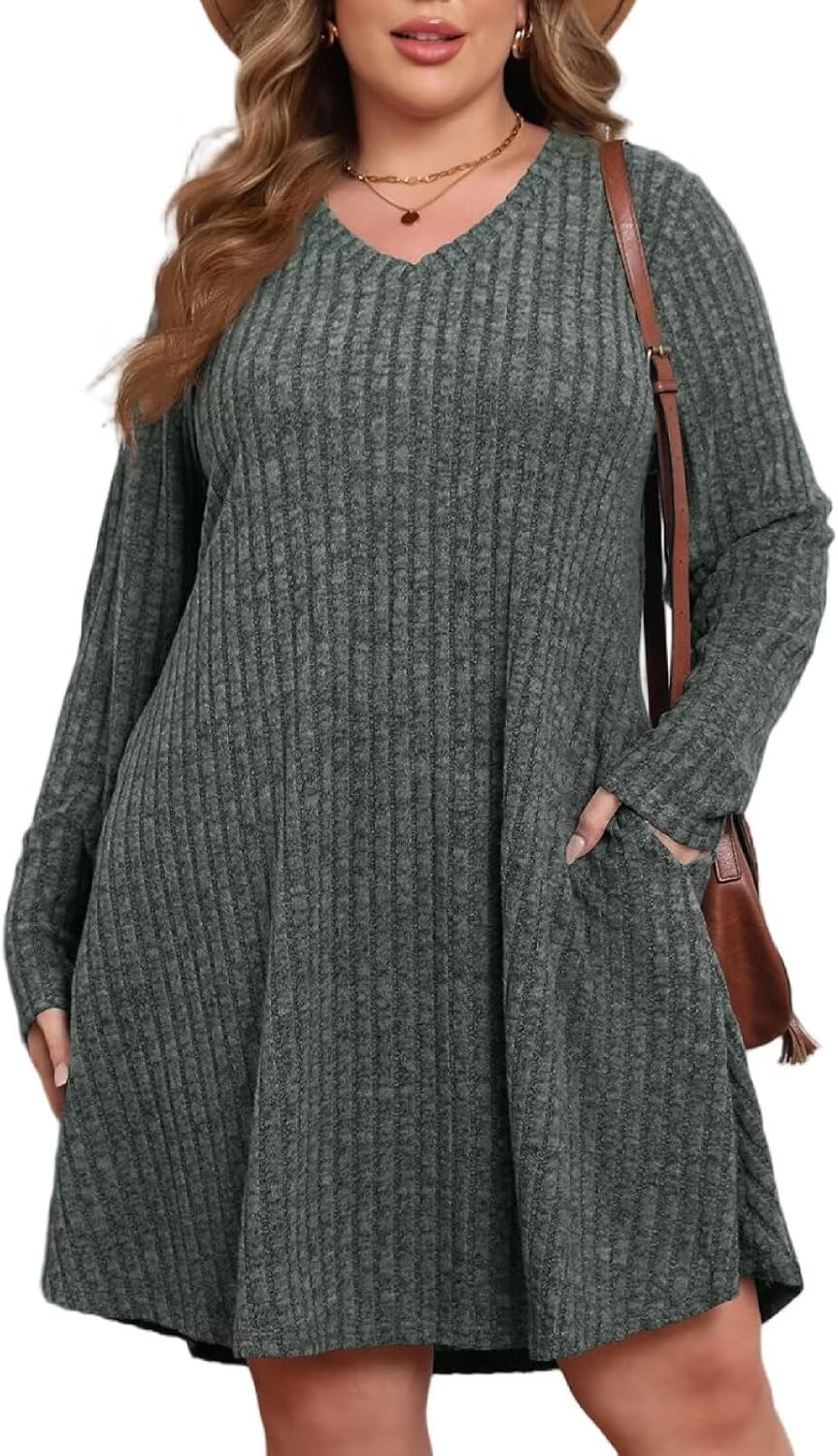 Plus Size Sweater Dress for Women with Pockets and V Neck