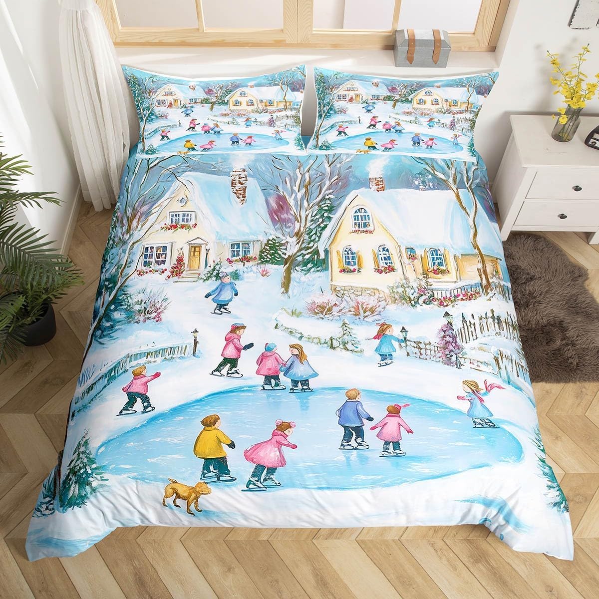Winter Ski Queen Duvet Cover Set - Skiing Themed Bedding for Kids
