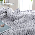 Chunky Knit Throw Blanket 40x40 in Light Grey - Hand Knitted Chenille