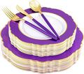 Purple Plastic Plates with Gold Rim and Disposable Gold Silverware