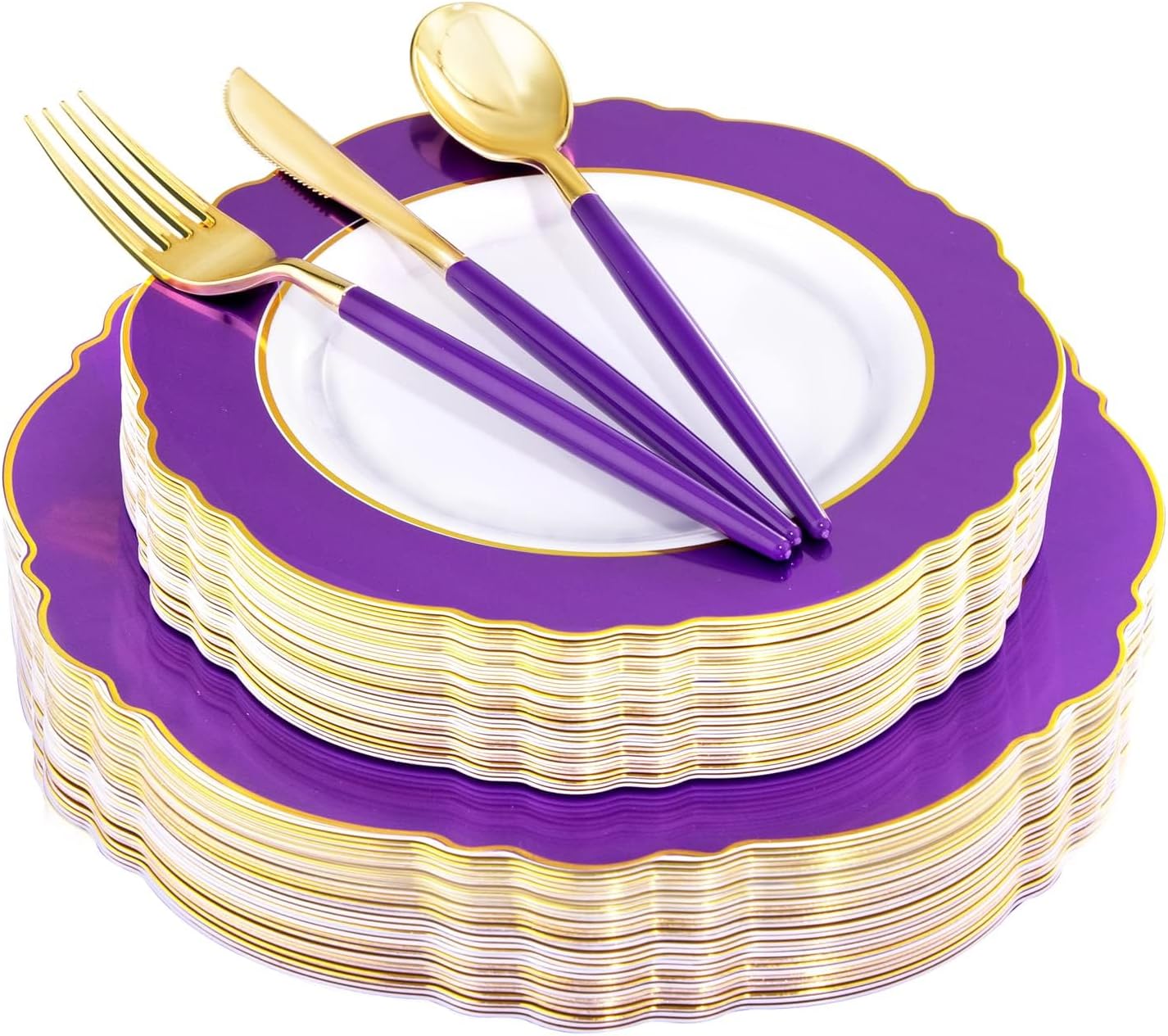 WDF 30Guest Purple Plastic Plates with Gold Rim for Parties
