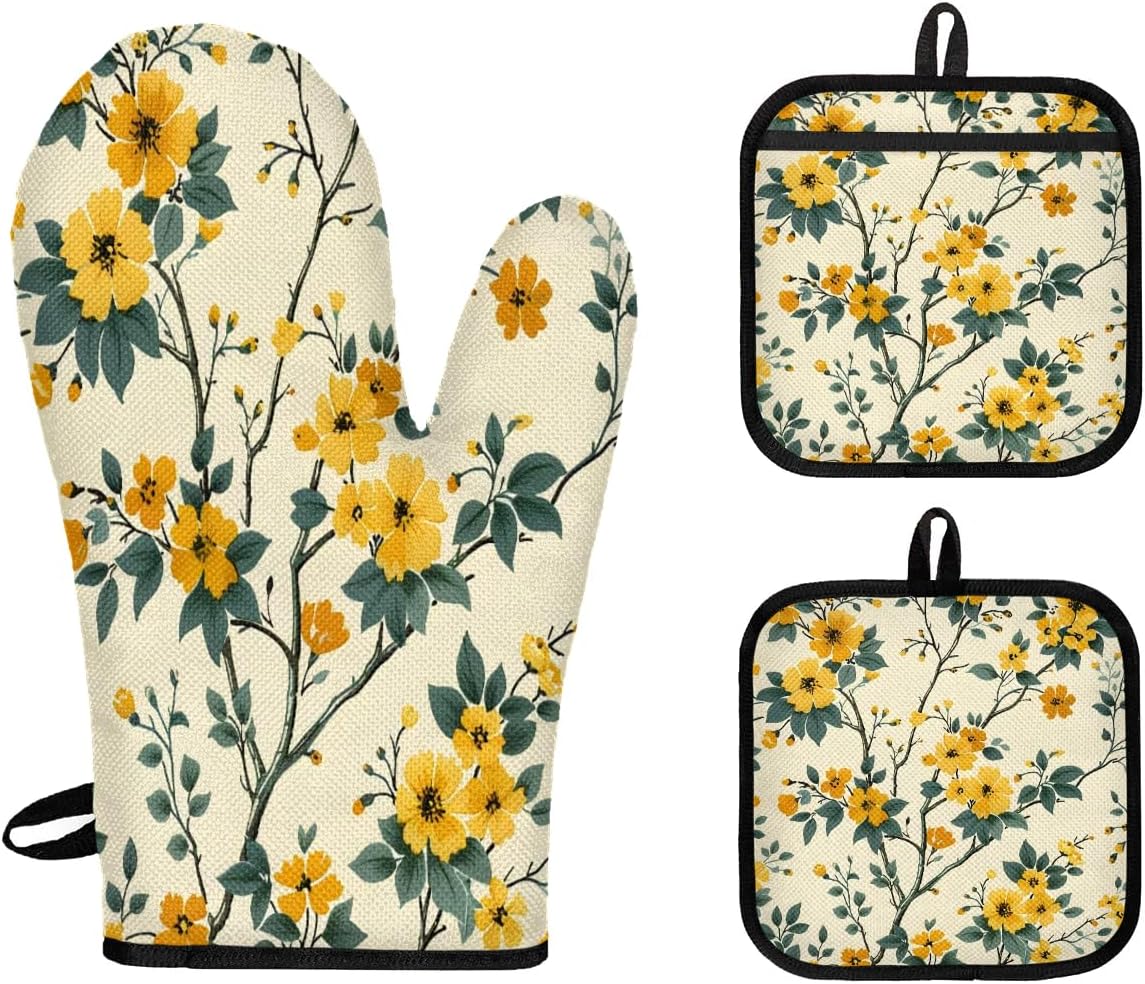 Floral Heat-Resistant Oven Mitts Set