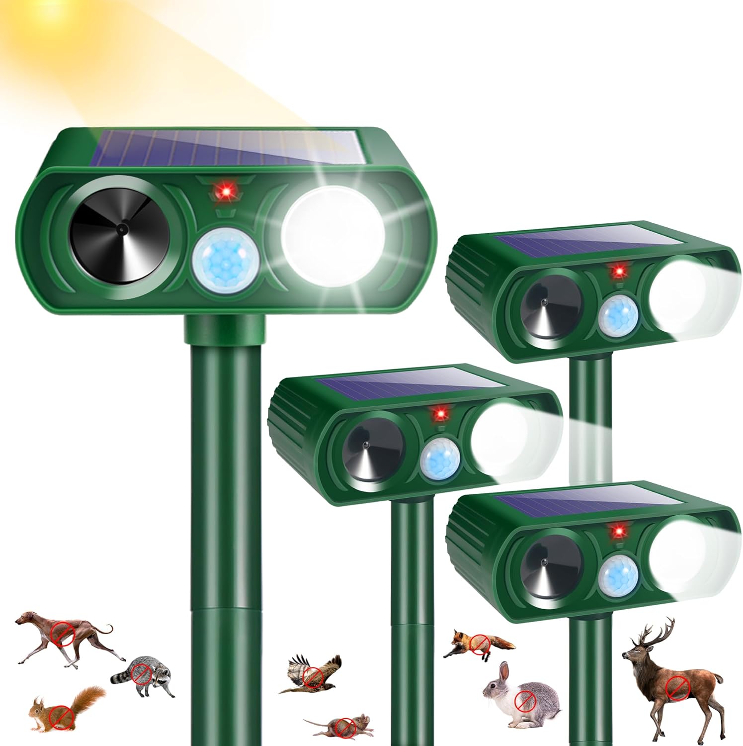 4Pack Solar Ultrasonic Animal Repellent Devices for Outdoor Use