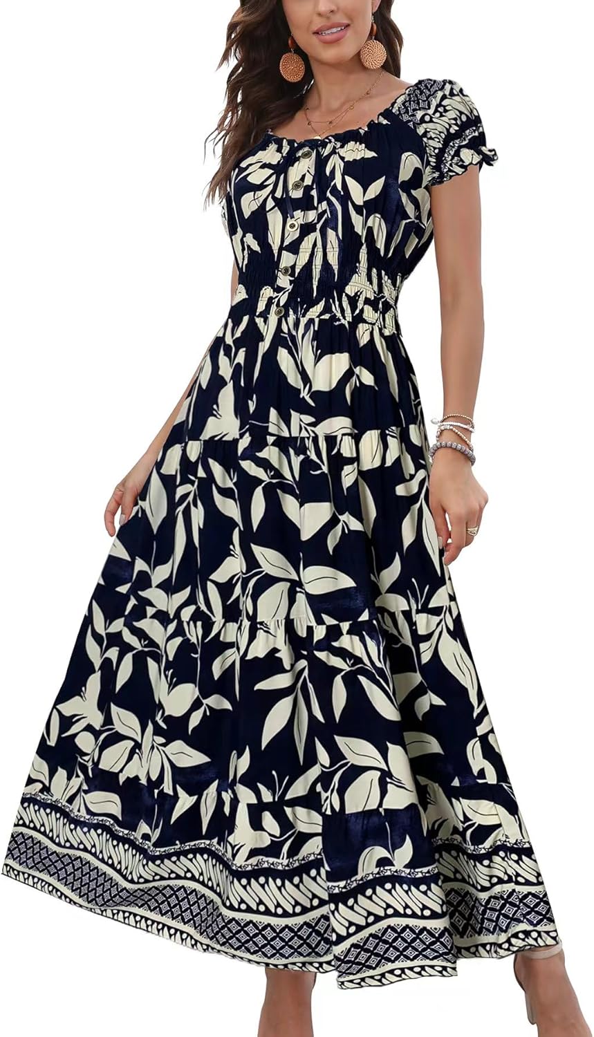 OSTOO Women's Boho Floral Print Maxi Dress for Summer Fun
