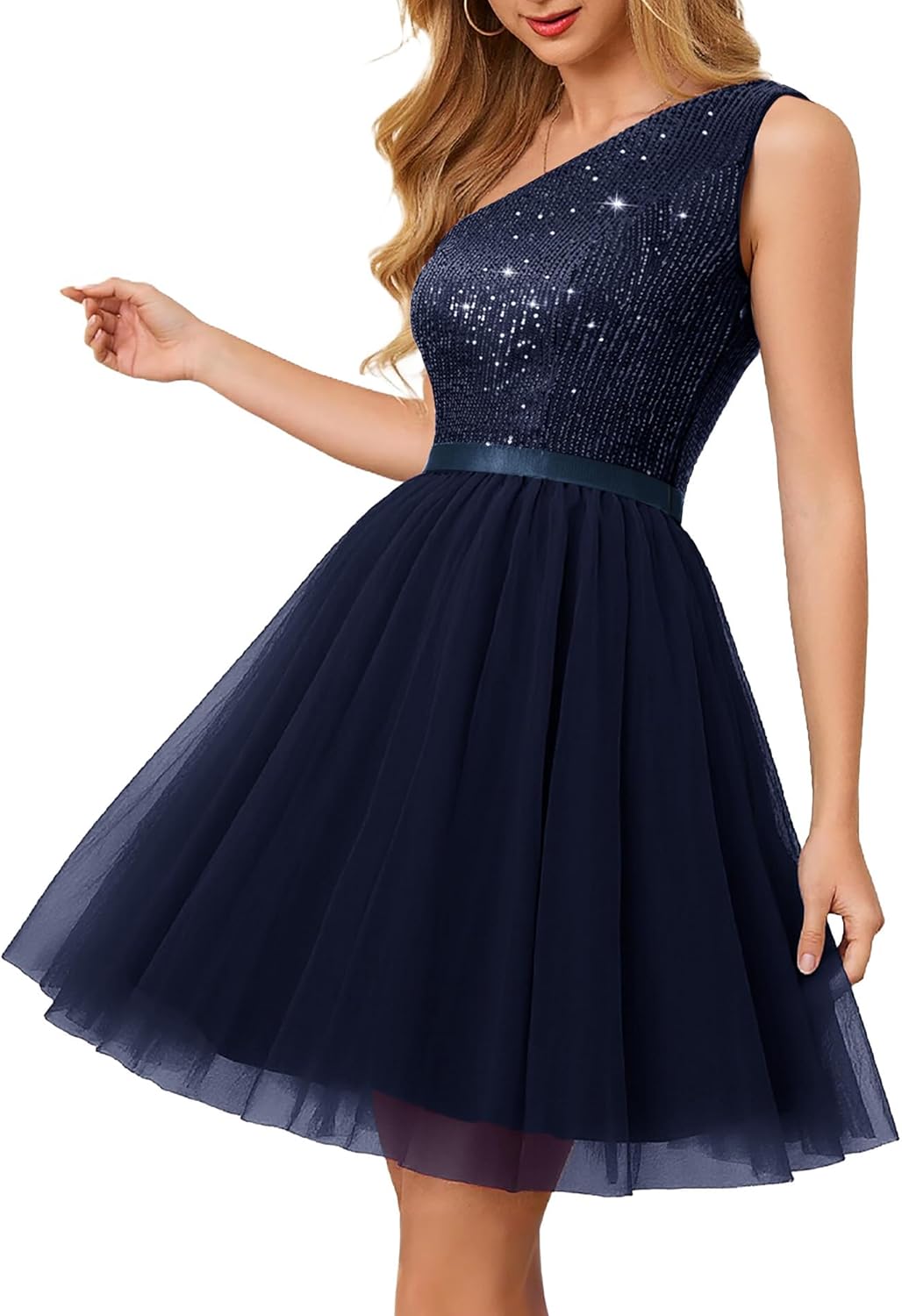 BeryLove Womens Sequin One-Shoulder Cocktail Dress for Teens
