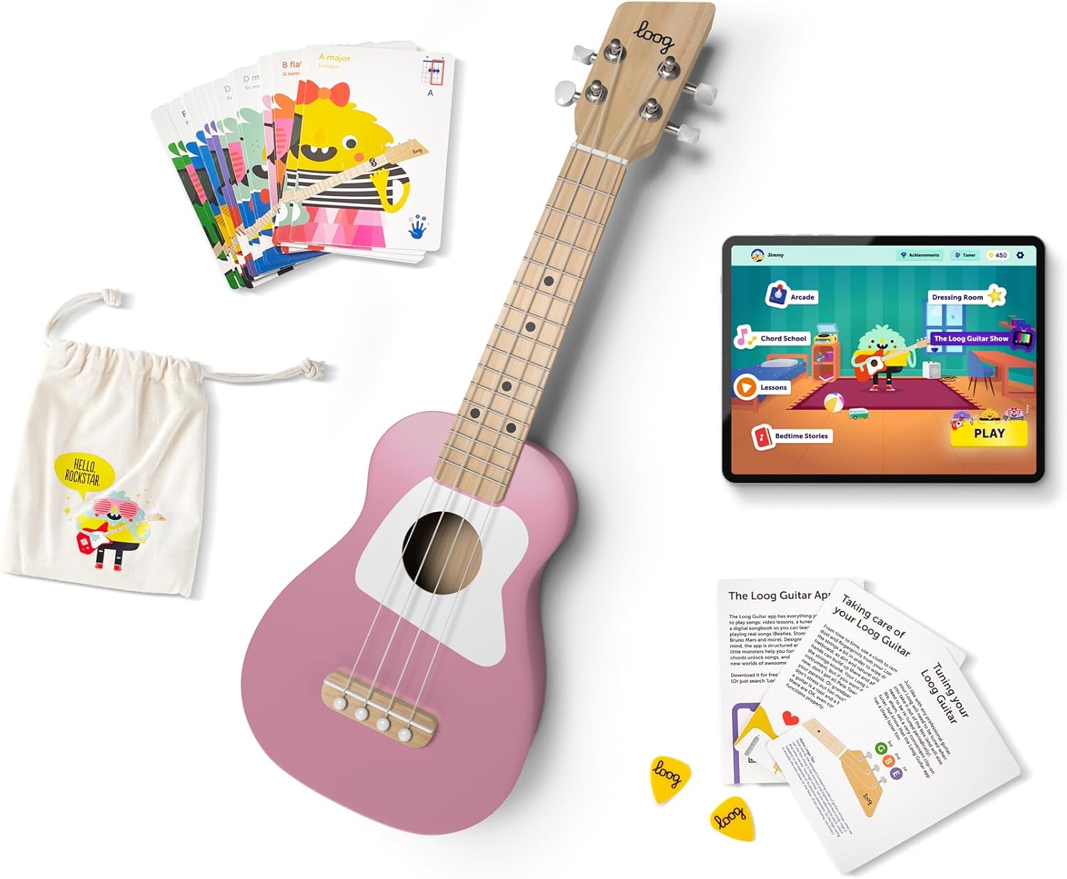 Loog Wood Soprano Ukulele for Kids & Beginners in Pink Color