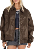 Tankaneo Womens Faux Leather Oversized Bomber Jacket - Casual Moto any