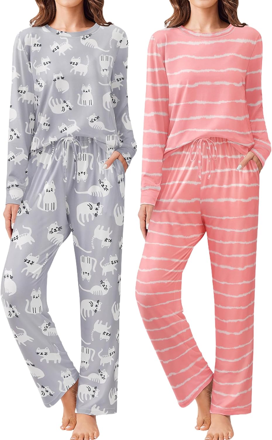 Ekouaer 2 Pack Women Pajama Long Sleeve Sleepwear Soft Loungewear