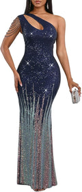 Cololura Sequin One Shoulder Tassel Mermaid Bodycon Dress