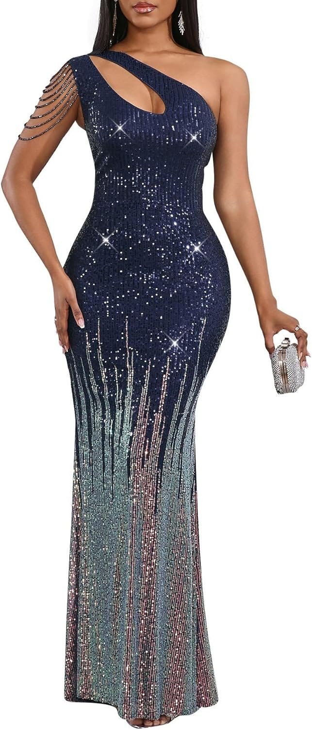 Elegant One Shoulder Sequin Mermaid Bodycon Cocktail Dress
