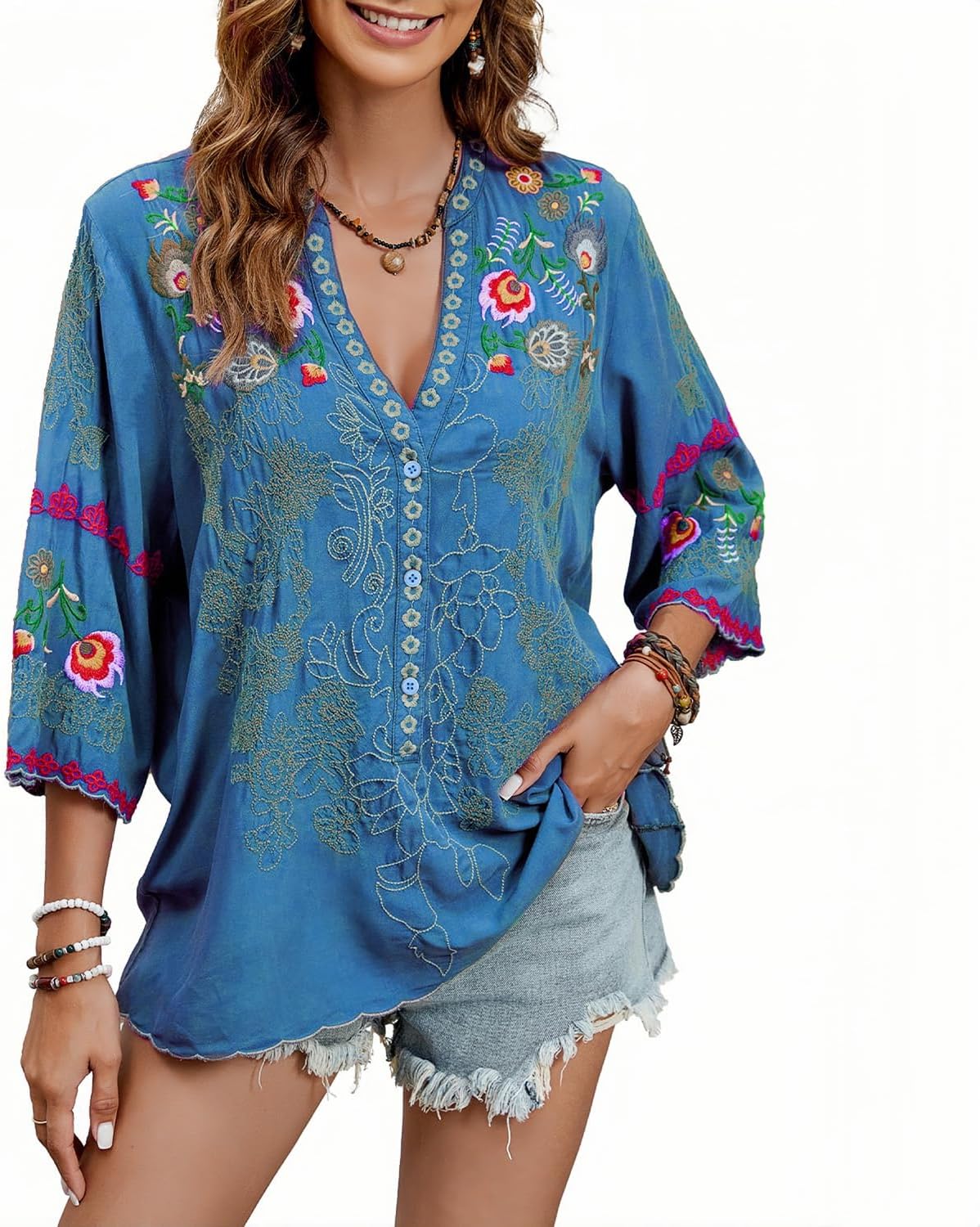 Mexican Shirts Peasant Blouses Cotton Embroidered Summer Tops