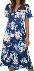 ROYLAMP Women's Floral Button Up Split Midi Dress - V Neck Boho