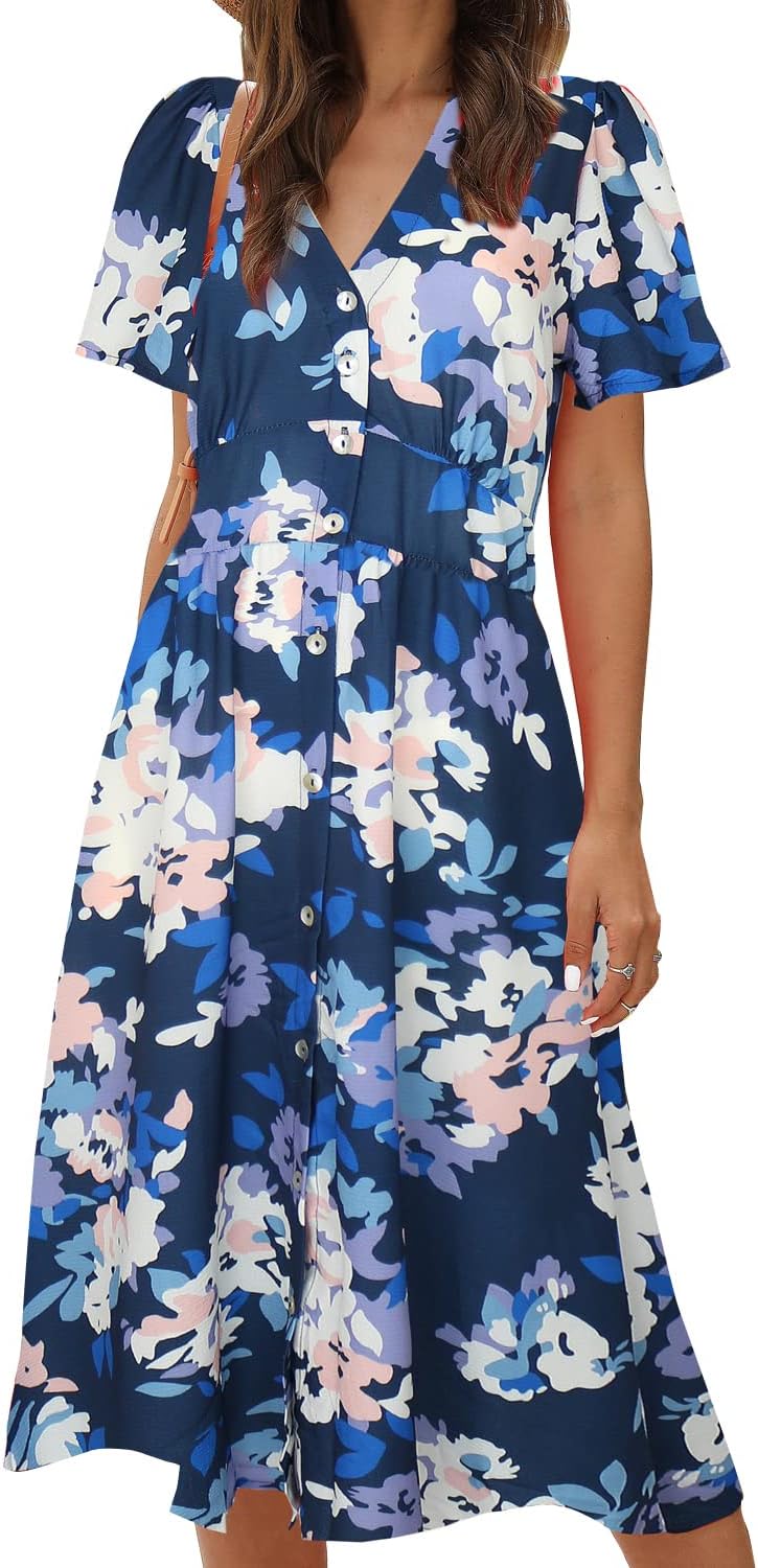 Floral Button Up Split Dress with Pockets for Women